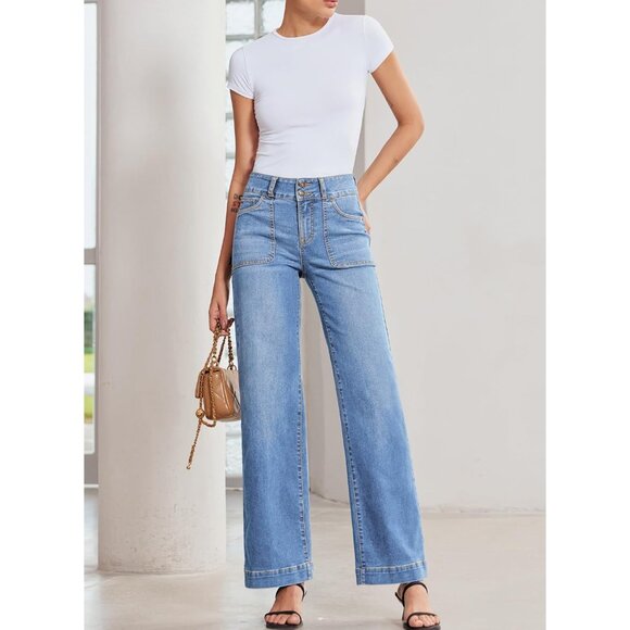 Women's High Waisted Straight Leg Denim Pants Stretch Tummy Control Casual - Picture 4 of 8